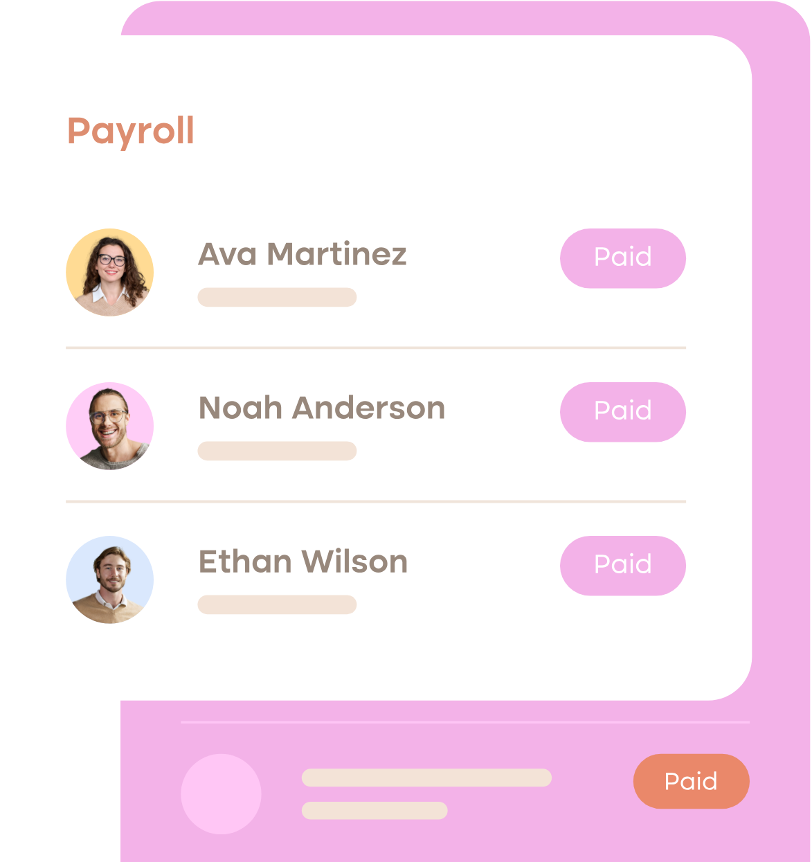 Illustration of a payroll list with three employees marked as paid